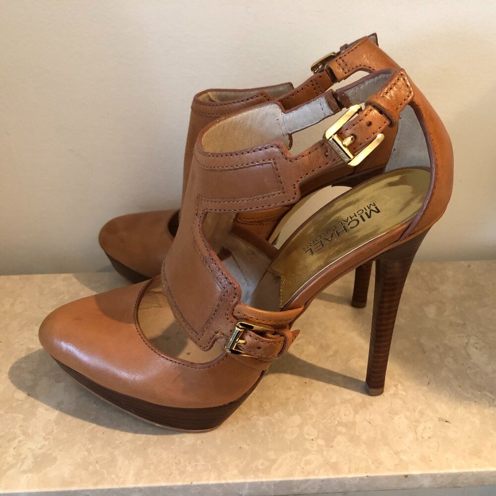 Michael Kors - Camel Tan leather strappy rounded toe high heels platform sandals
